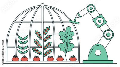 Illustration of a greenhouse with various plants and a robotic arm for automated cultivation