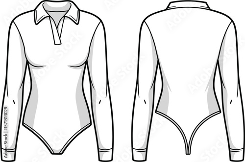 Women's bodysuit fashion flat sketch, technical drawing, vector apparel template, long sleeve collar design, front and back view
