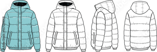 Flat vector CAD drawing of winter puffer jacket with hoodie, technical fashion illustration, front side back views included
