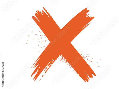 Bold orange brush stroke letter x with a distressed texture and scattered particles