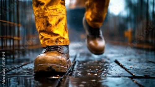 Person in yellow work wear walking on a wet, dark surface