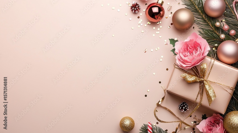 Fototapeta premium Festive Christmas holiday with a wrapped gift red ornaments and a beautiful pink rose flower on a soft warm toned background