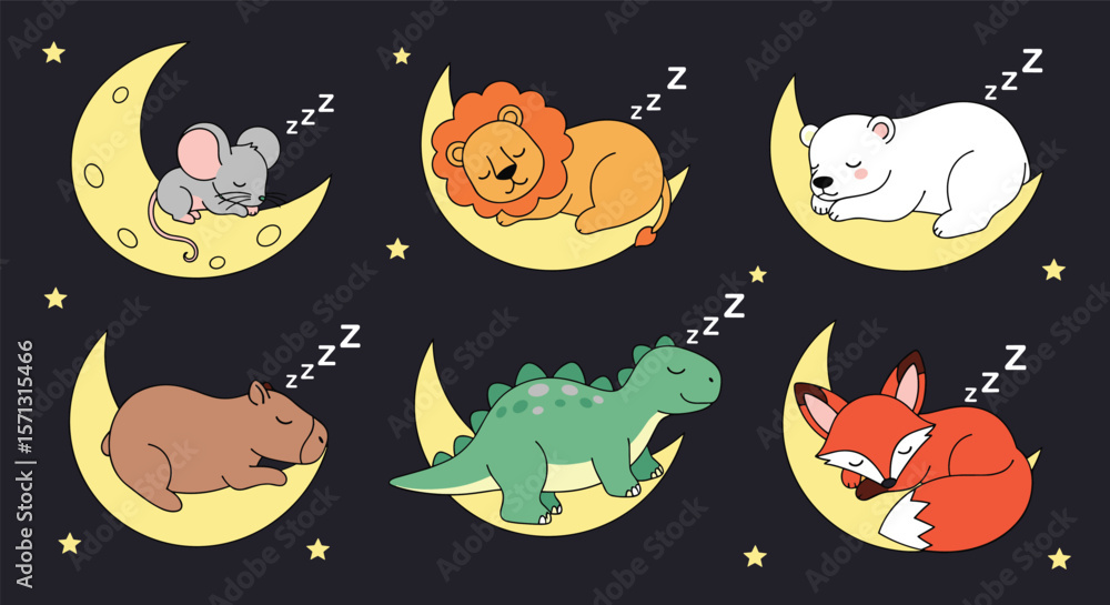 Fototapeta premium Cute baby animals sleeping on crescent moons adorable sleepy creatures among the stars illustration