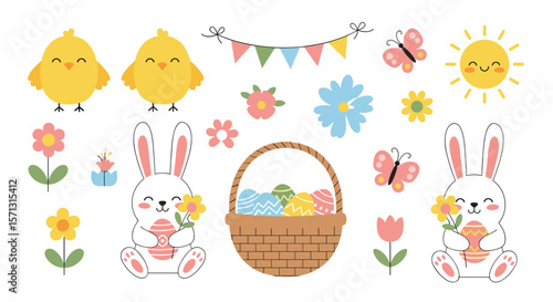 Charming easter celebration elements featuring cute chicks bunnies flowers baskets and sunny days