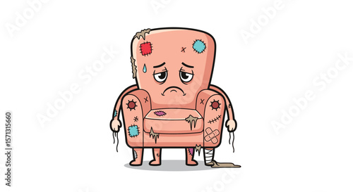 Uncomfortable old sad armchair with patches and tears awaiting discarding