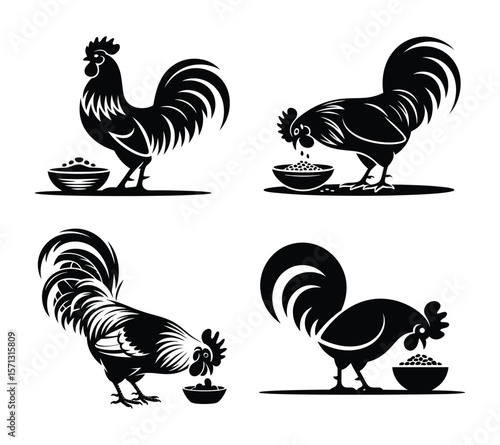 Isolated Rooster Silhouette Pecking Food Vector Symbol, Morning Rooster Eating Vector Illustration
