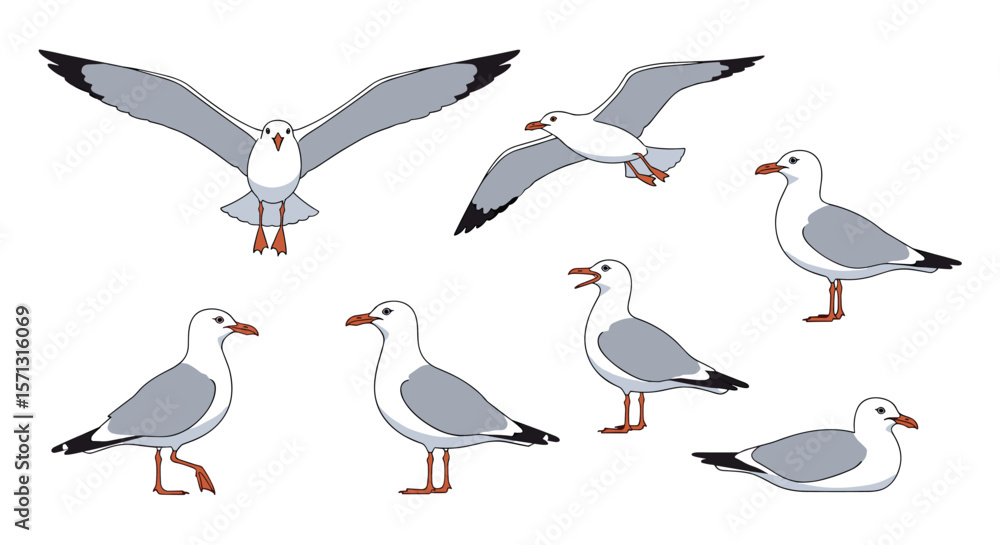 Obraz premium A collection of pixel art seagulls in various poses and movements on a white background