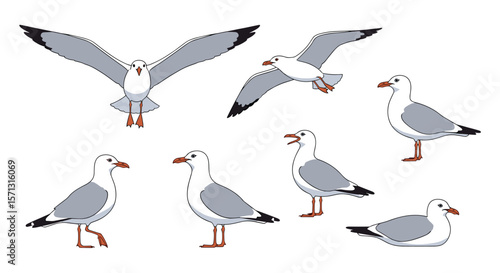 A collection of pixel art seagulls in various poses and movements on a white background