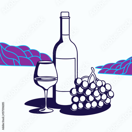 White Wine Bottle, Grapes, and Glass: Wine Tasting Illustration
