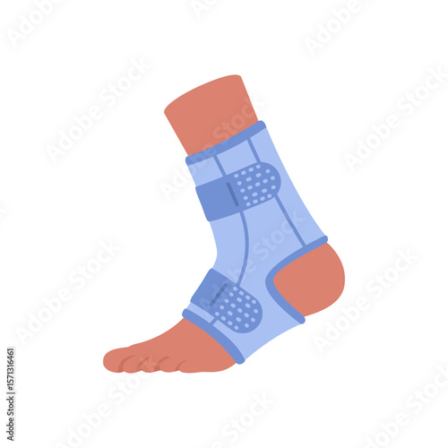 Flat vector illustration of a medical orthopedic ankle brace or support. Provides stability and protection for injured joints, sprains, or instability. Isolated on white background. For healthcare