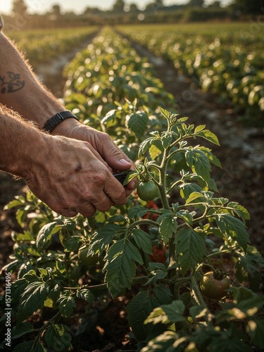 A person tending to tomato plants in a field with rows of crops under the sunlight at daytime