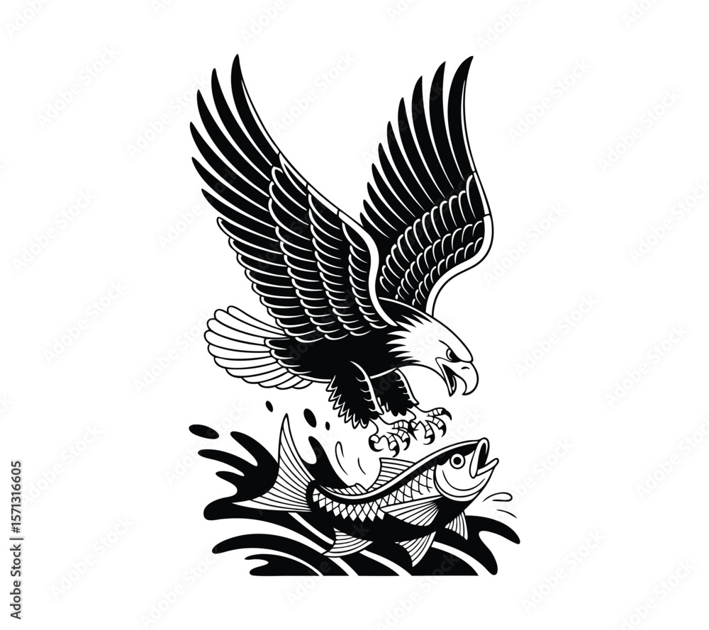Obraz premium Bald Eagle with fish hunt Salmon in Talons, Isolated Black and White Art