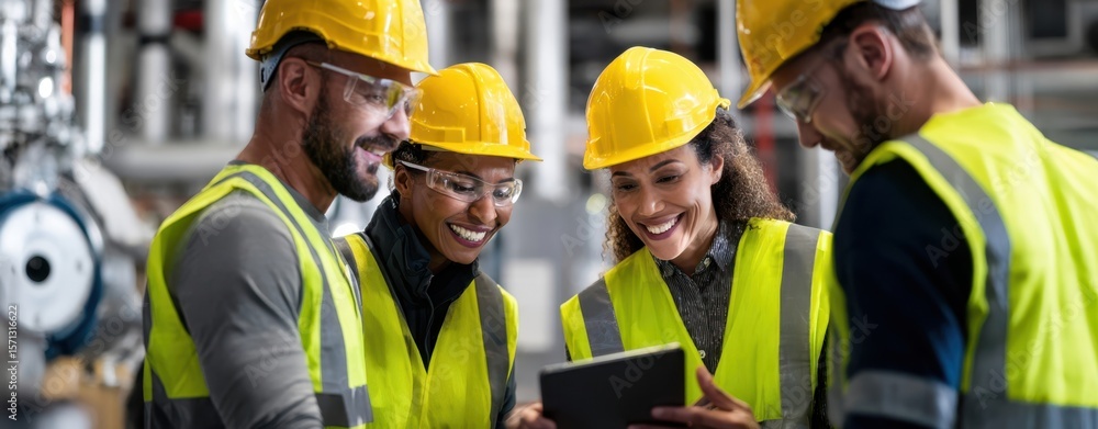 Obraz premium The team of professionals collaborating on a project using a tablet in an industrial setting.