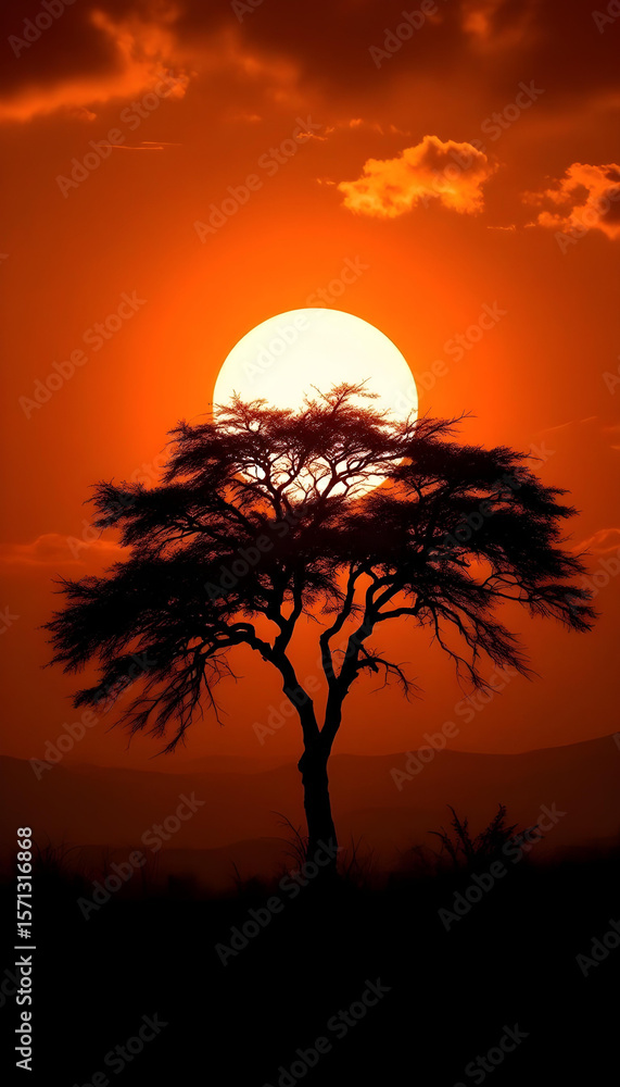 Obraz premium Silhouette of tree against large sun and orange sky with clouds in African landscape. 