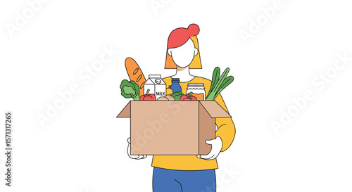 Groceries delivery service person holding a box full of food items safely