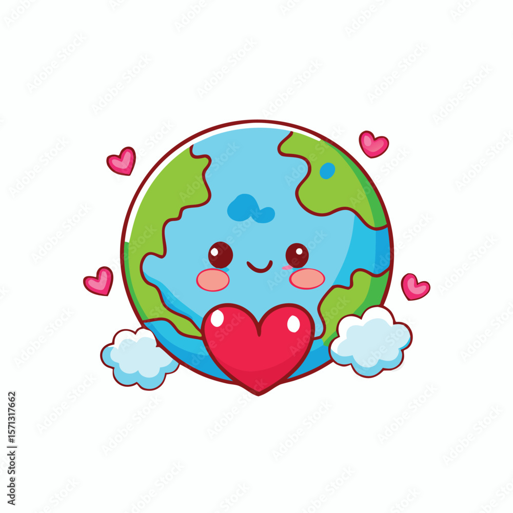 Fototapeta premium Happy planet earth holding red heart surrounded by clouds and hearts love