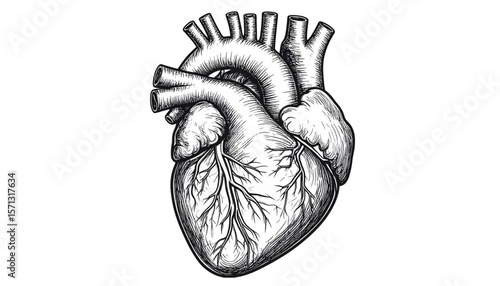 Detailed anatomical illustration of a human heart, showing its chambers and vessels.