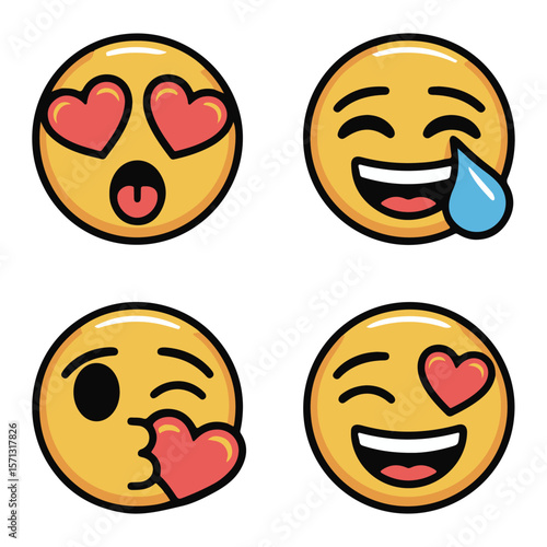 Four yellow cartoon faces with red hearts and expressions emoji illustration