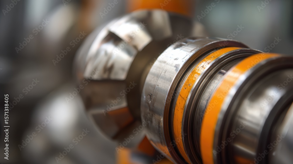 Obraz premium A close-up view of industrial machinery with metallic textures and orange safety details.