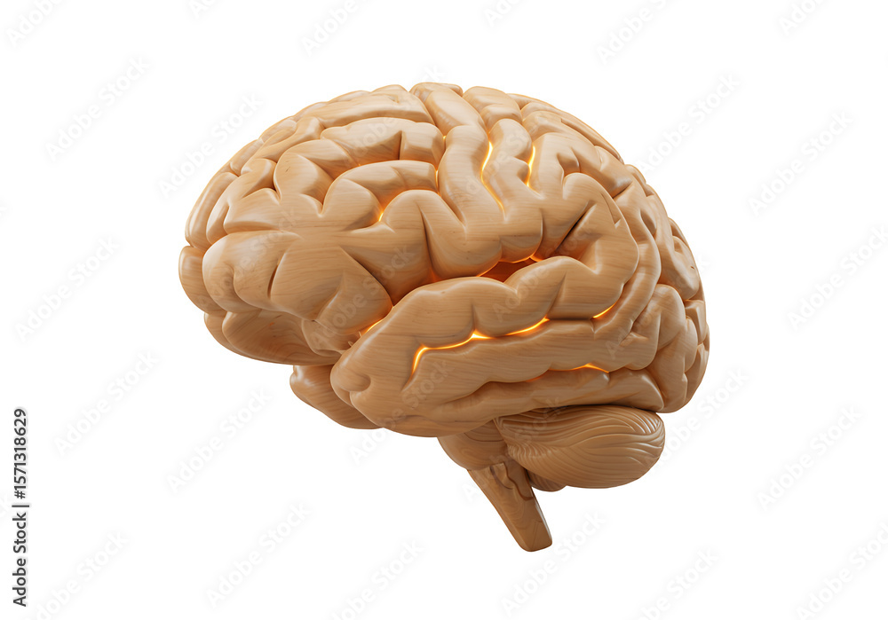 Detailed Wooden Brain Model with Internal Yellow Illumination on Transparent Background Detailed Wooden Brain Model with Internal Yellow Illumination on Transparent Background