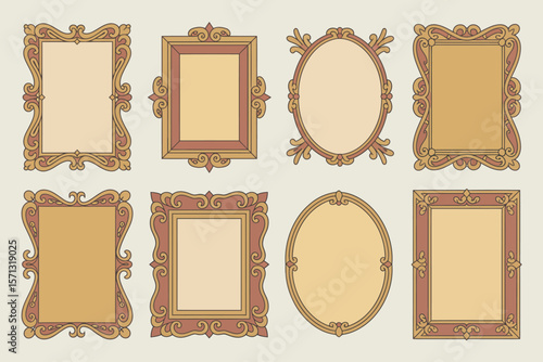 Baroque style frame set, gold ornate borders, vintage decorative labels, invitation design, antique vector illustration