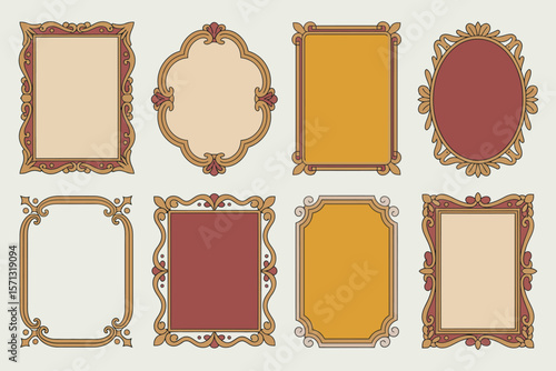 Victorian frame collection, gold and red ornate borders, classic decorative labels, invitation design, vintage vector art