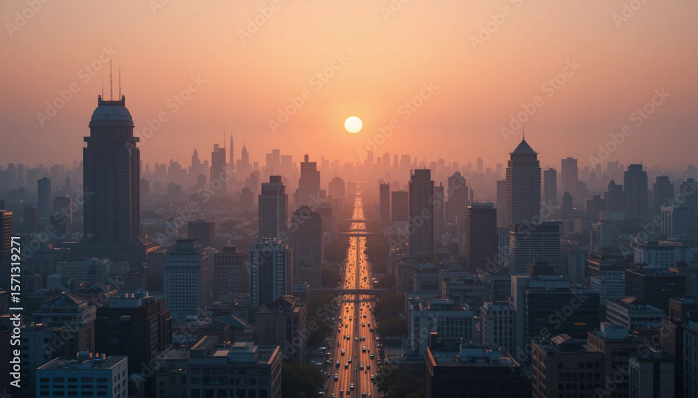 Obraz premium Skyline Embrace: A city silhouette is beautifully backdropped by a radiant sun, casting a warm glow over a metropolitan expanse. This visual tale weaves an aesthetic of urban grandeur.