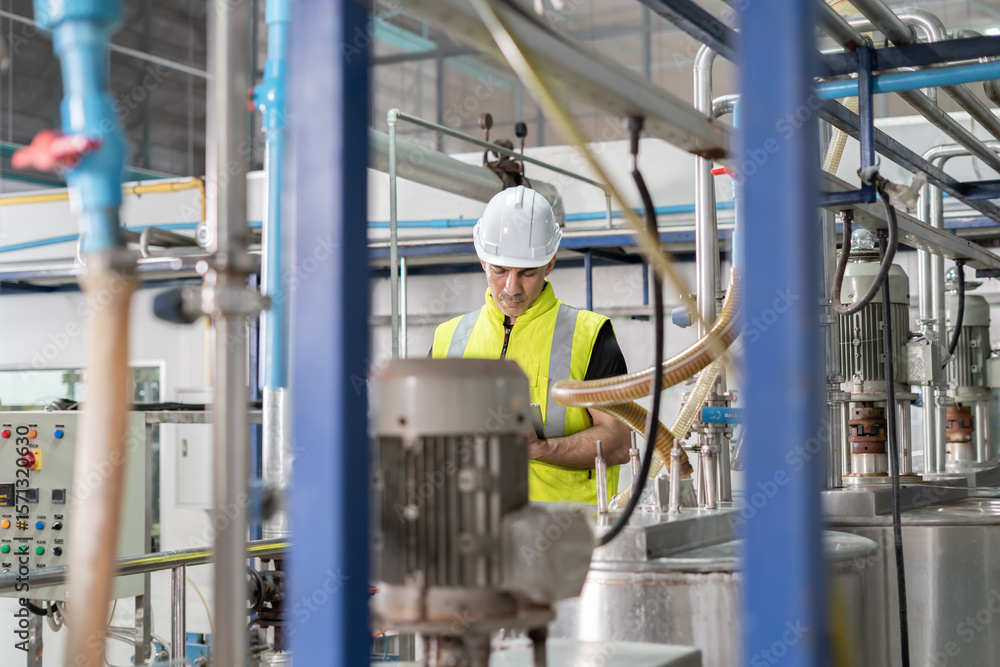 Fototapeta premium Engineers or factory managers wearing safety helmet inspect the machines in the production line. Utility inspector check machine and test the system to meet the standard. machine, maintenance.