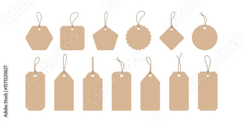 Minimal paper tag set with hanging loops. Craft silhouette design for pricing, sale event, label template, crafting project, handmade organic product labeling, holiday design, gift packaging