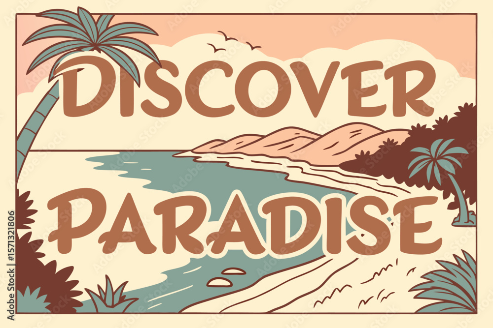 Obraz premium Discover paradise scenic view featuring palm trees, ocean, and sandy beach in a vintage postcard style design