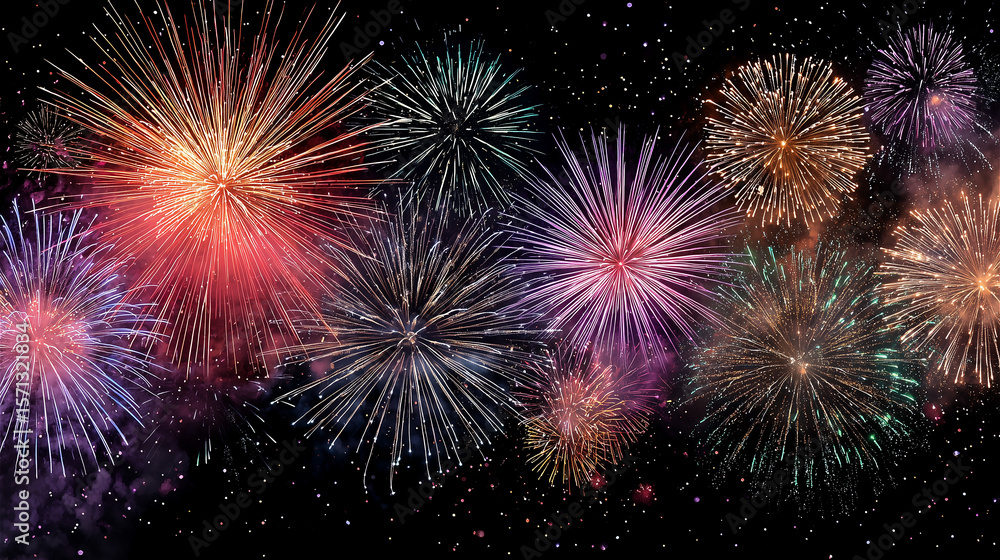Fototapeta premium 星が輝く夜空に咲く様々な色の打ち上げ花火、夏の夜のスペクタクル。generative ai