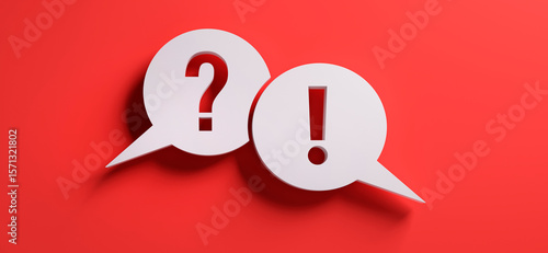 Fototapeta Naklejka Na Ścianę i Meble -  White Speech bubbles with question mark and exclamation mark against red wall - 3D illustration