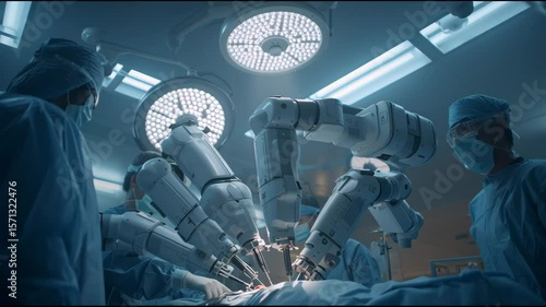 Surgeons are collaborating in a state-of-the-art operating room where robotic arms assist in a surgical procedure. The environment showcases cutting-edge technology vital for patient care