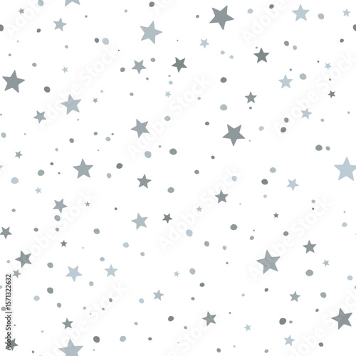 Holiday seamless pattern with gray stars and snowfall dots. Repetition scattered snow flakes vector background. Use for Christmas packaging, party supplies, greeting card, festive fabric print