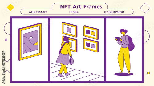 Nft art frames featuring abstract pixel and cyberpunk art with people viewing artwork in a gallery setting