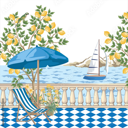 Sailboat,  lemon tree, sea wave, chaise lounge, sun umbrella, tile print. Summer seafront Italian illustration.