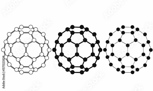 set Vector illustration of  Buckminsterfullerene or C60 molecules in outline, solid, and dot styles,silhouette, ideal for science, chemistry, or nanotech concept visuals.