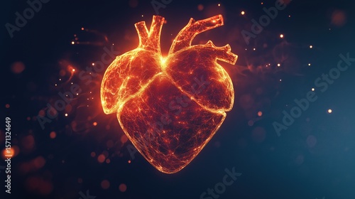 3D abstract heart shape made of light particles on a dark background.