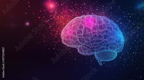 Futuristic 3D brain model with technology particles.