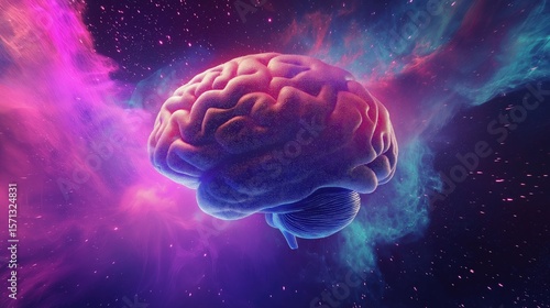 3D brain model on a abstract blue pink background.
