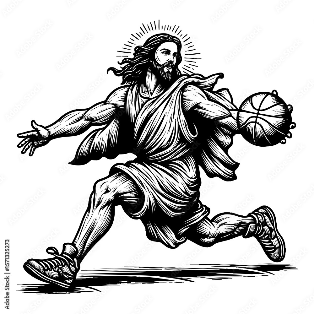 Fototapeta premium Jesus in motion, dribbling a basketball while wearing robes and sneakers with radiant halo sketch engraving generative ai fictional character PNG illustration. Scratch board. Black and white image.