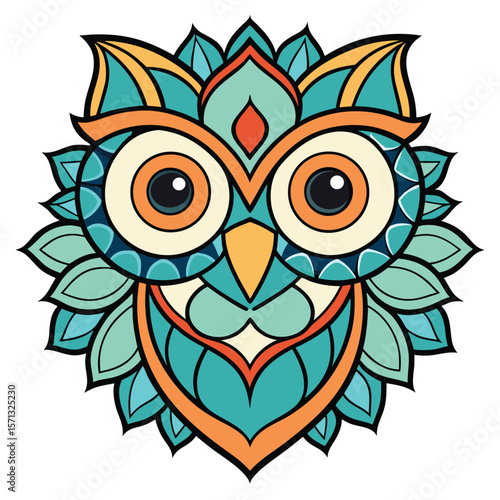 A cute cartoon owl vector illustration with a heart pattern and tribal wing design