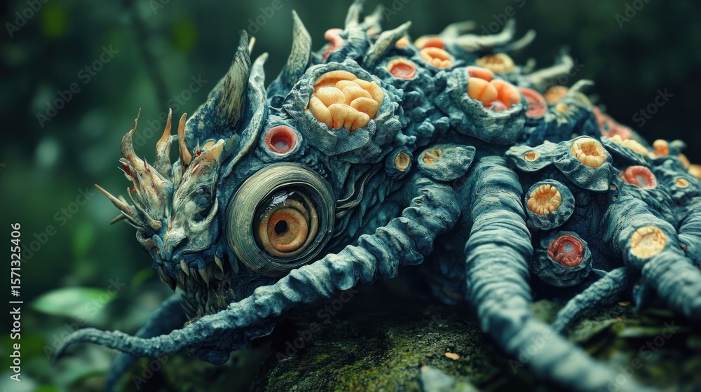 Fototapeta premium Alien Creature Close-Up: Textured Skin, Horns, and Large Eye in Forest Setting