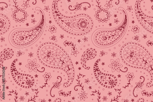 Seamless Paisley Print Line Art Vector Pattern in Pink and Maroon Red Combo	
