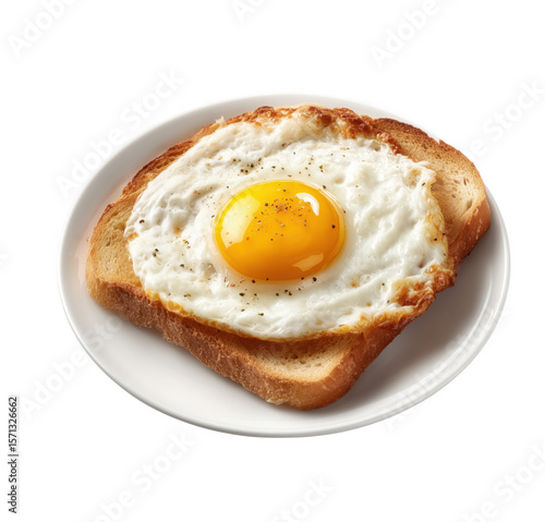 Delicious fried egg sunny side up served on toasted bread presented on a white plate
