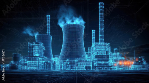 digital art rendering of the nuclear power plant with blue glowing accents