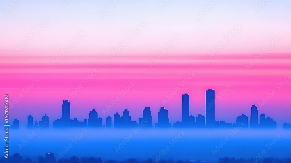 Fototapeta premium City skyline silhouette at sunrise with pastel hues.