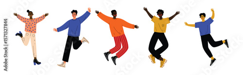 Happy People Character Jumping with Joy and Excitement Vector Set
