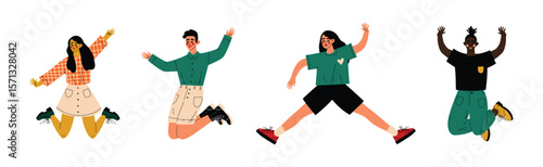 Happy People Character Jumping with Joy and Excitement Vector Set