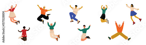 Happy People Character Jumping with Joy and Excitement Vector Set